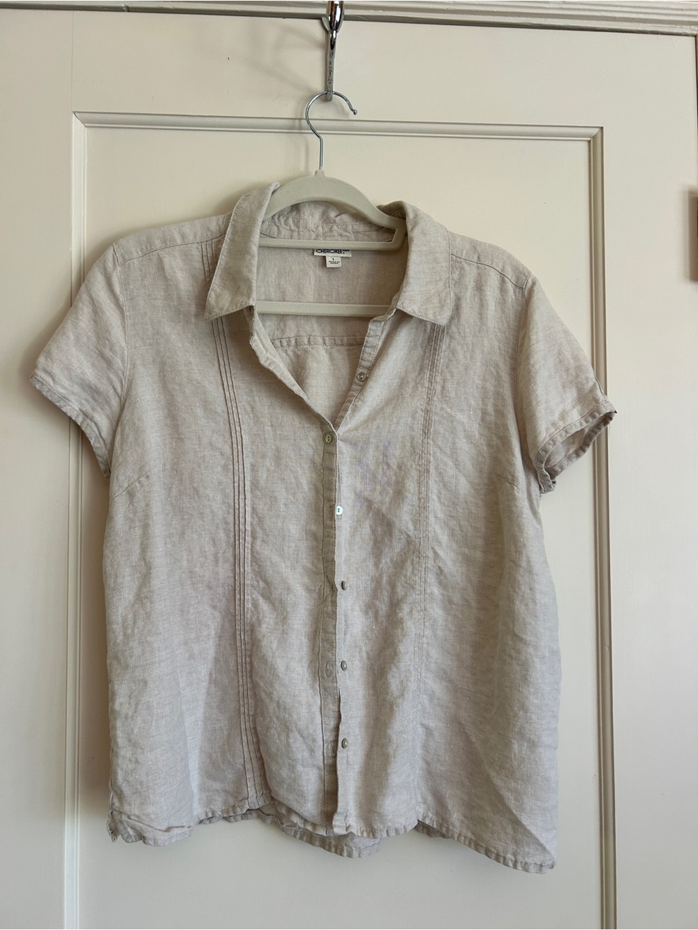 100% Linen Light Beige Short-Sleeve Button-Down Shirt